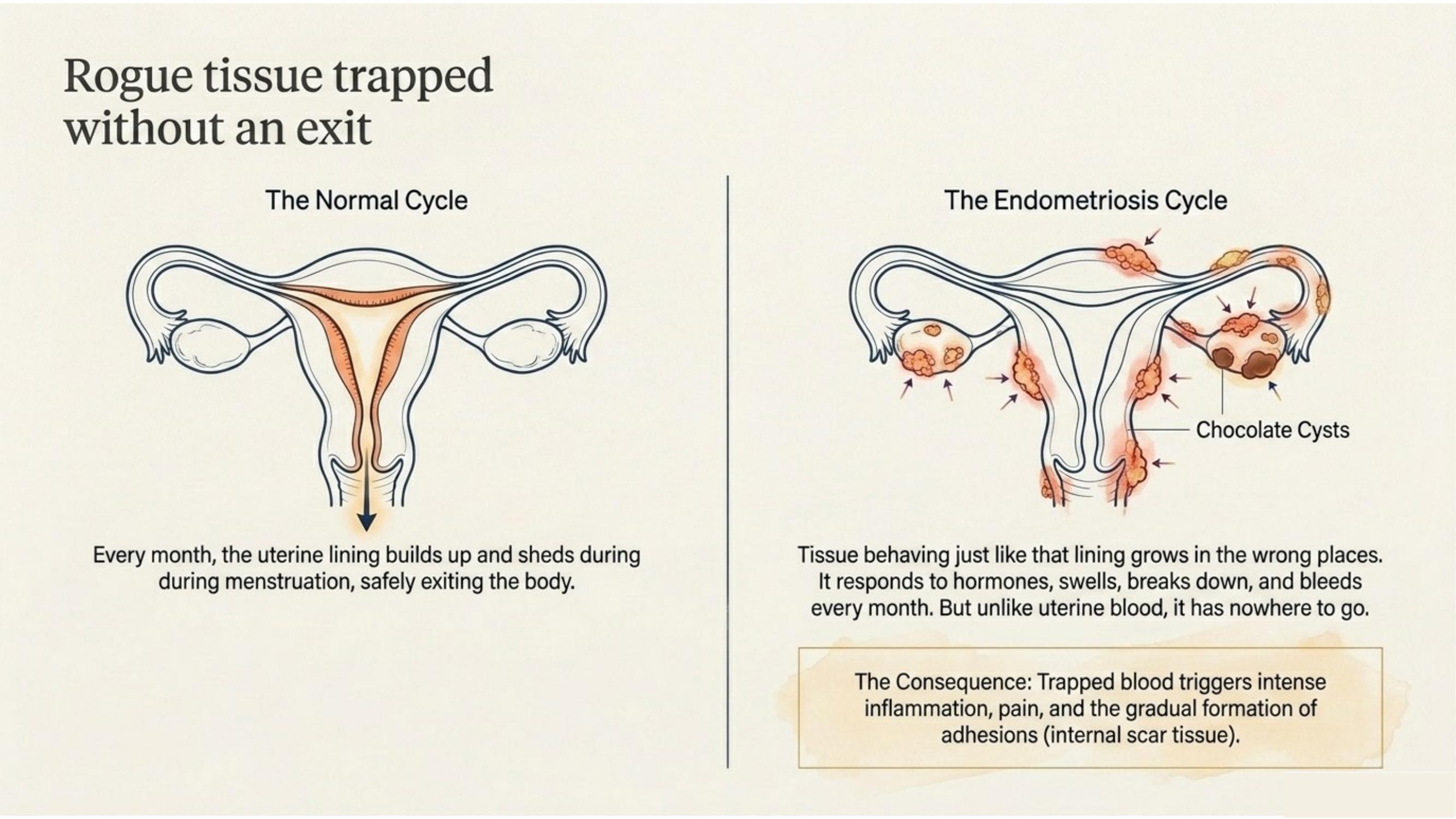 Diagram showing common locations where endometriosis tissue grows in the pelvis