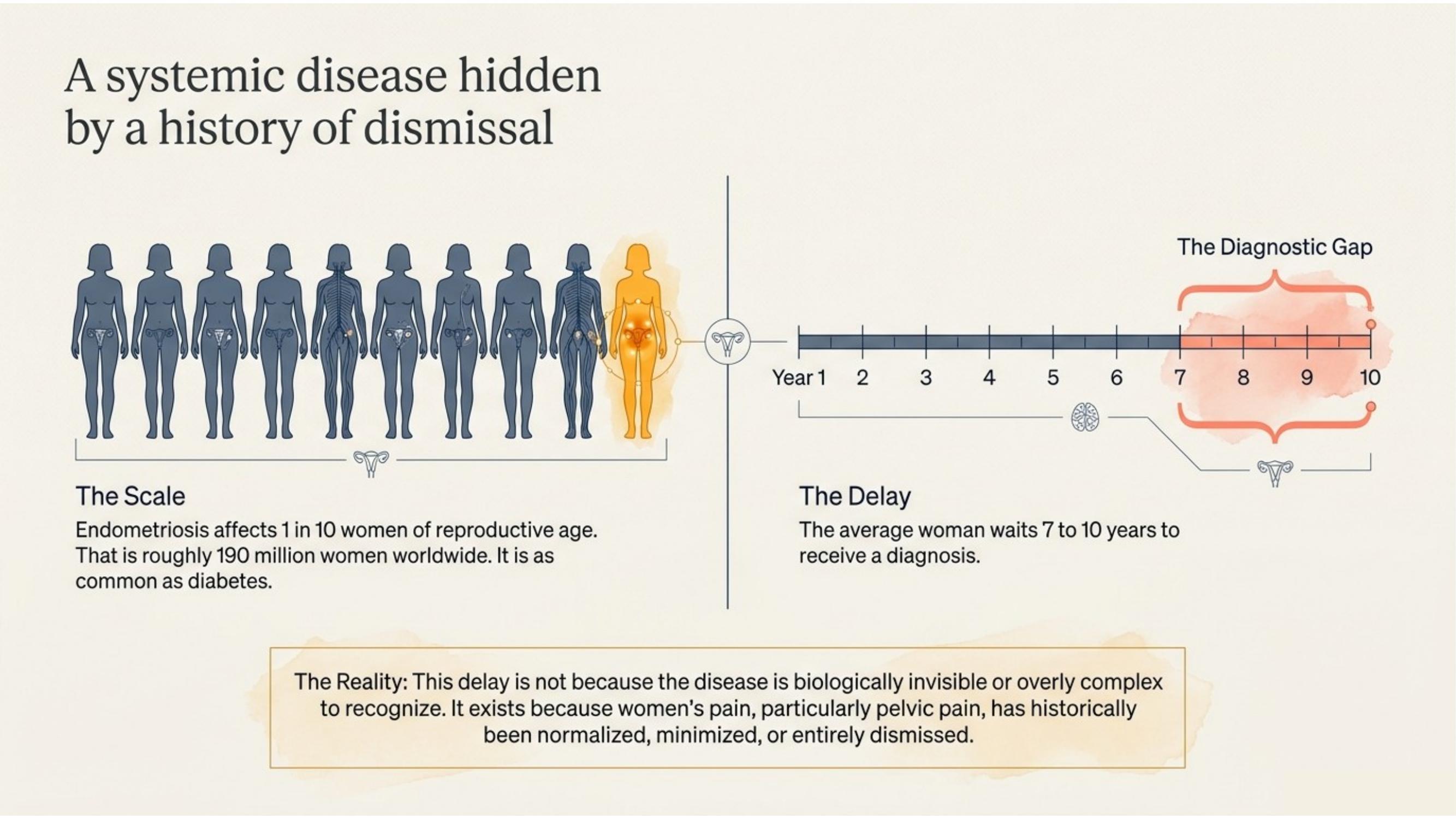 Infographic: endometriosis affects 1 in 10 women; average diagnostic delay of 7–10 years